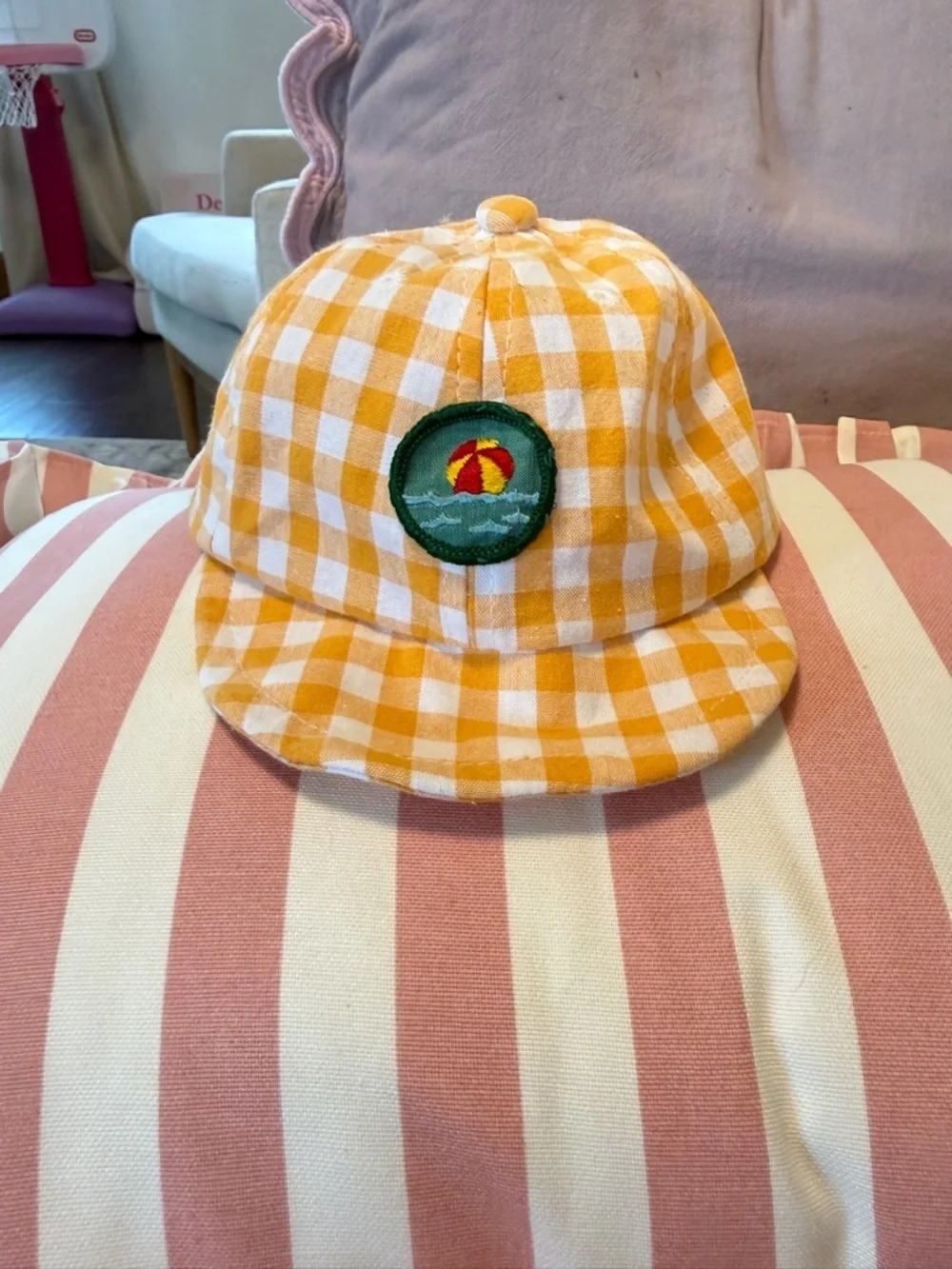 Yellow Gingham Baseball Hat with Vintage Girl Scout Beach Patch